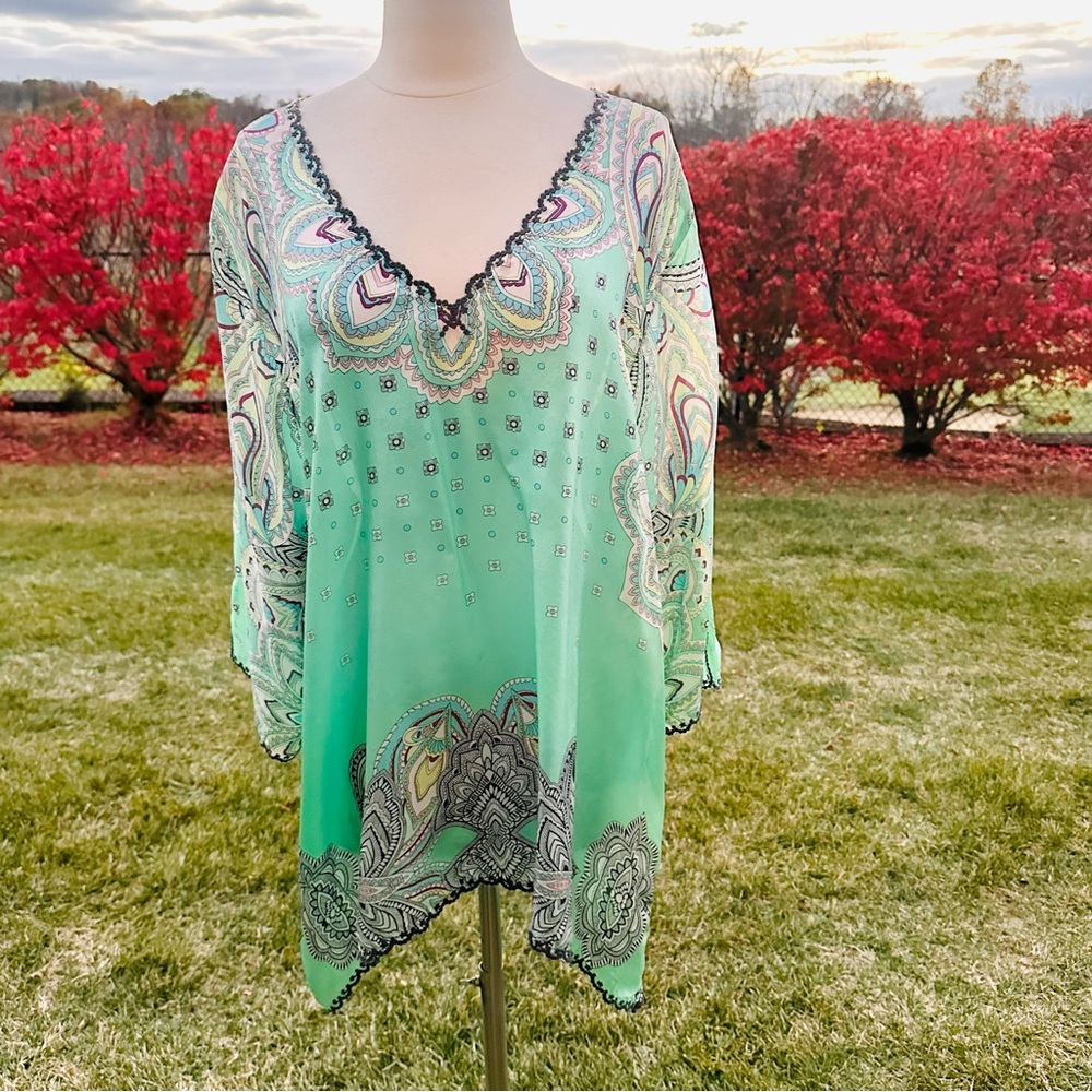 Johnny Was Plus Size Tunic Silk Floral V Neck Boho Fairy Embroidered Mint Green